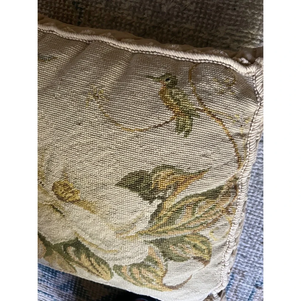 Vintage Needlepoint Magnolia Hummingbird Floral Throw Pillow Velvet Back 18x18